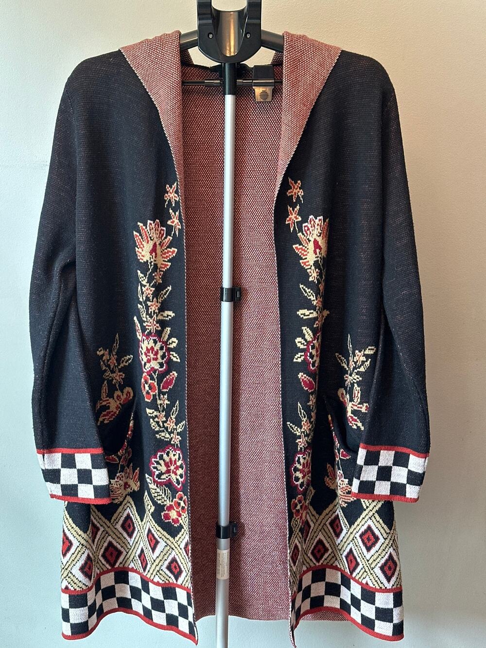 Vertigo Longline Cardigan Women XL Black Floral Hooded Open‎ Front Boho